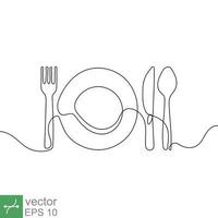 Continuous line drawing of plate, knife, and fork. Minimalism hand drawn one line art minimalist. Vector illustration isolated on white background. EPS 10.