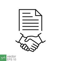 Business contract icon. Simple outline style. Handshake, partners, document, agreement, partnership, business concept. Thin line vector illustration isolated on white background. EPS 10.