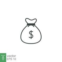 Money bag line icon. Simple outline design style. Dollar, moneybag, cash, million, sack concept. Vector illustration isolated on White background. Eps 10.