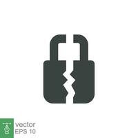 Broken lock glyph icon. Simple solid style. Unlock, crack, padlock, break, free, chain, code, security, fail, technology concept. Vector design illustration isolated on white background. EPS 10