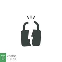 Broken lock glyph icon. Simple solid style. Unlock, crack, padlock, break, free, chain, code, security, fail, technology concept. Vector design illustration isolated on white background. EPS 10