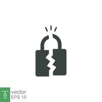 Broken lock glyph icon. Simple solid style. Unlock, crack, padlock, break, free, chain, code, security, fail, technology concept. Vector design illustration isolated on white background. EPS 10