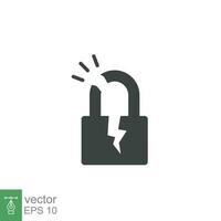 Broken lock glyph icon. Simple solid style. Unlock, crack, padlock, break, free, chain, code, security, fail, technology concept. Vector design illustration isolated on white background. EPS 10