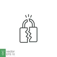 Broken lock line icon. Simple outline style. Unlock, crack, padlock, break, free, chain, code, security, fail, technology concept. Vector design illustration isolated on white background. EPS 10