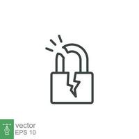 Broken lock line icon. Simple outline style. Unlock, crack, padlock, break, free, chain, code, security, fail, technology concept. Vector design illustration isolated on white background. EPS 10