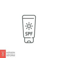 Sun cream bottle icon. Simple outline style. Tube sunblock, spf, protection, uv, sunscreen concept. Vector illustration isolated on white background. Thin line symbol. Editable stroke EPS 10