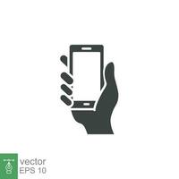 Hand holding phone icon. Simple solid style. Smartphone, cellphone, telephone, call, cellular, touch, web, internet concept. Vector illustration isolated on white background. EPS 10