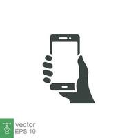 Hand holding phone icon. Simple solid style. Smartphone, cellphone, telephone, call, cellular, touch, web, internet concept. Vector illustration isolated on white background. EPS 10