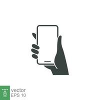 Hand holding phone icon. Simple solid style. Smartphone, cellphone, telephone, call, cellular, touch, web, internet concept. Vector illustration isolated on white background. EPS 10