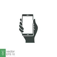 Hand holding phone icon. Simple solid style. Smartphone, cellphone, telephone, call, cellular, touch, web, internet concept. Vector illustration isolated on white background. EPS 10