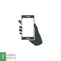 Hand holding phone icon. Simple solid style. Smartphone, cellphone, telephone, call, cellular, touch, web, internet concept. Vector illustration isolated on white background. EPS 10