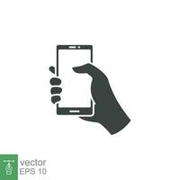 Hand holding phone icon. Simple solid style. Smartphone, cellphone, telephone, call, cellular, touch, web, internet concept. Vector illustration isolated on white background. EPS 10