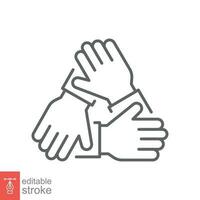 Three hands support each other line icon. Simple outline style. Team, hand, work together, partnership, group, help, concept of teamwork. Vector illustration design isolated. Editable stroke EPS 10