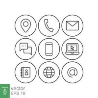 Contact us icons set. Simple outline style symbol. Email, phone, web, address, internet, call, message, business communication concept. Vector illustration design isolated on white background. EPS 10