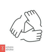 Three hands support each other line icon. Simple outline style. Team, hand, work together, partnership, group, help, concept of teamwork. Vector illustration design isolated. Editable stroke EPS 10