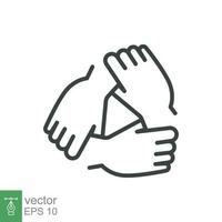 Three hands support each other line icon. Simple outline style. Team, hand, work together, partnership, group, help, concept of teamwork. Vector illustration design isolated on white background EPS 10