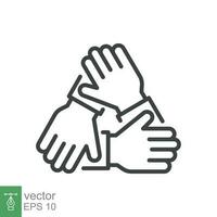 Three hands support each other line icon. Simple outline style. Team, hand, work together, partnership, group, help, concept of teamwork. Vector illustration design isolated on white background EPS 10