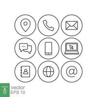 Contact us icons set. Simple outline style symbol. Email, phone, web, address, internet, call, message, business communication concept. Vector illustration design isolated on white background. EPS 10