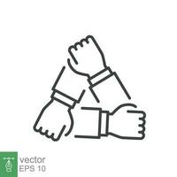 Three hands support each other line icon. Simple outline style. Team, hand, work together, partnership, group, help, concept of teamwork. Vector illustration design isolated on white background EPS 10