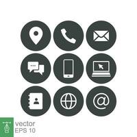 Contact us icons set. Simple solid style symbol. Email, phone, mail, web, address, internet, call, online, pictogram, message, business communication concept Vector illustration design isolated EPS 10