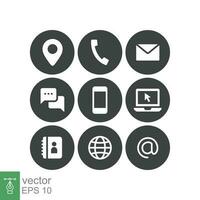 Contact us icons set. Simple solid style symbol. Email, phone, mail, web, address, internet, call, online, pictogram, message, business communication concept Vector illustration design isolated EPS 10