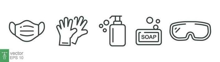 Personal protection equipment icons. Medical mask, latex gloves, soap, dispenser, protective glasses, Coronavirus, covid 19 prevention items. Line, outline symbols isolated. Vector illustration EPS 10