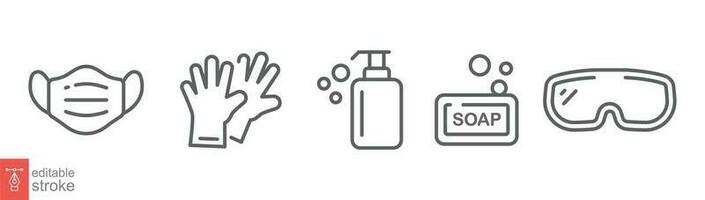 Personal protection equipment icons. Medical mask, latex gloves, soap, dispenser, protective glasses, covid 19 prevention. Outline symbols isolated. Vector illustration. Editable stroke EPS 10