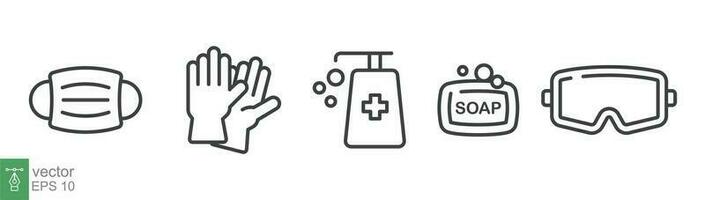 Personal protection equipment icons. Medical mask, latex gloves, soap, dispenser, protective glasses, Coronavirus, covid 19 prevention items. Line, outline symbols isolated. Vector illustration EPS 10