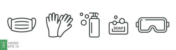 Personal protection equipment icons. Medical mask, latex gloves, soap, dispenser, protective glasses, Coronavirus, covid 19 prevention items. Line, outline symbols isolated. Vector illustration EPS 10