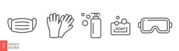 Personal protection equipment icons. Medical mask, latex gloves, soap, dispenser, protective glasses, covid 19 prevention. Outline symbols isolated. Vector illustration. Editable stroke EPS 10