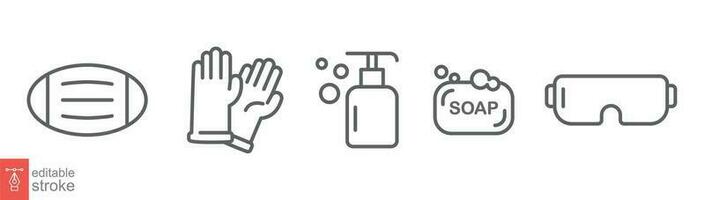 Personal protection equipment icons. Medical mask, latex gloves, soap, dispenser, protective glasses, covid 19 prevention. Outline symbols isolated. Vector illustration. Editable stroke EPS 10