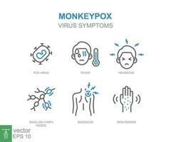 Monkeypox virus symptoms icon. Pox virus, fever, headache, swollen lymph nodes, backache, skin rashes. Simple outline style symbol. Thin line vector illustration isolated on white background. EPS 10.