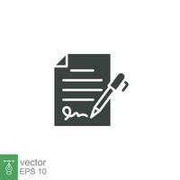 Pen signing contract icon. Simple solid style. Signature, paper, glyph symbol isolated on white background for graphic and web design. EPS 10. vector