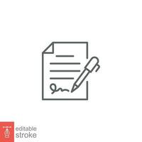 Pen signing contract icon. Simple outline style. Signature, paper, thin line symbol isolated on white background for graphic and web design. Editable stroke EPS 10. vector