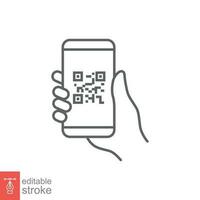 QR code scanning in smartphone screen. Hand holding Mobile phone. Simple line icon style, barcode scanner for pay, web, mobile app. Vector illustration isolated. Editable stroke EPS 10.