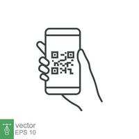 QR code scanning in smartphone screen. Hand holding Mobile phone. Simple line icon style, barcode scanner for pay, web, mobile app. Vector illustration isolated. EPS 10.