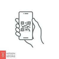 QR code scanning in smartphone screen. Hand holding Mobile phone. Simple line icon style, barcode scanner for pay, web, mobile app. Vector illustration isolated. Editable stroke EPS 10.