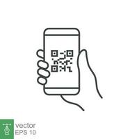 QR code scanning in smartphone screen. Hand holding Mobile phone. Simple line icon style, barcode scanner for pay, web, mobile app. Vector illustration isolated. EPS 10.