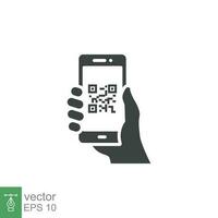 QR code scanning in smartphone screen. Hand holding Mobile phone. Simple solid icon style, barcode scanner for pay, web, mobile app. Vector illustration isolated. EPS 10.