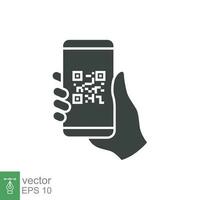 QR code scanning in smartphone screen. Hand holding Mobile phone. Simple solid icon style, barcode scanner for pay, web, mobile app. Vector illustration isolated. EPS 10.