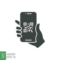 QR code scanning in smartphone screen. Hand holding Mobile phone. Simple solid icon style, barcode scanner for pay, web, mobile app. Vector illustration isolated. EPS 10.