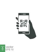 QR code scanning in smartphone screen. Hand holding Mobile phone. Simple solid icon style, barcode scanner for pay, web, mobile app. Vector illustration isolated. EPS 10.