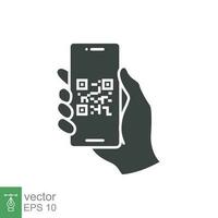 QR code scanning in smartphone screen. Hand holding Mobile phone. Simple solid icon style, barcode scanner for pay, web, mobile app. Vector illustration isolated. EPS 10.