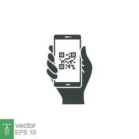 QR code scanning in smartphone screen. Hand holding Mobile phone. Simple solid icon style, barcode scanner for pay, web, mobile app. Vector illustration isolated. EPS 10.