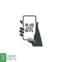 QR code scanning in smartphone screen. Hand holding Mobile phone. Simple solid icon style, barcode scanner for pay, web, mobile app. Vector illustration isolated. EPS 10.