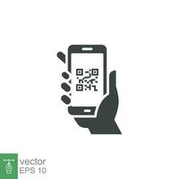 QR code scanning in smartphone screen. Hand holding Mobile phone. Simple solid icon style, barcode scanner for pay, web, mobile app. Vector illustration isolated. EPS 10.