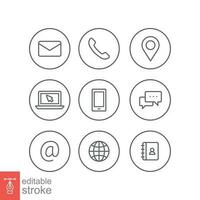 Contact us icons set. Simple outline style symbol. Email, phone, web, address, internet, call, message, business communication concept. Vector illustration design isolated. Editable stroke EPS 10.