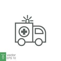 ambulancia icono, contorno emergencia auto, medicina camioneta, cuidado médico apoyo, Delgado línea web símbolo en blanco antecedentes. vector ilustración eps 10