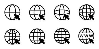 Go to web icon set. Globe with cursor. Site, internet click concept. Vector illustration isolated on white background. EPS 10.