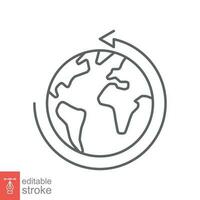 Earth globe icon. Simple outline style. Around planet with arrow. Thin line symbol. Vector illustration isolated on white background. Editable stroke EPS 10.